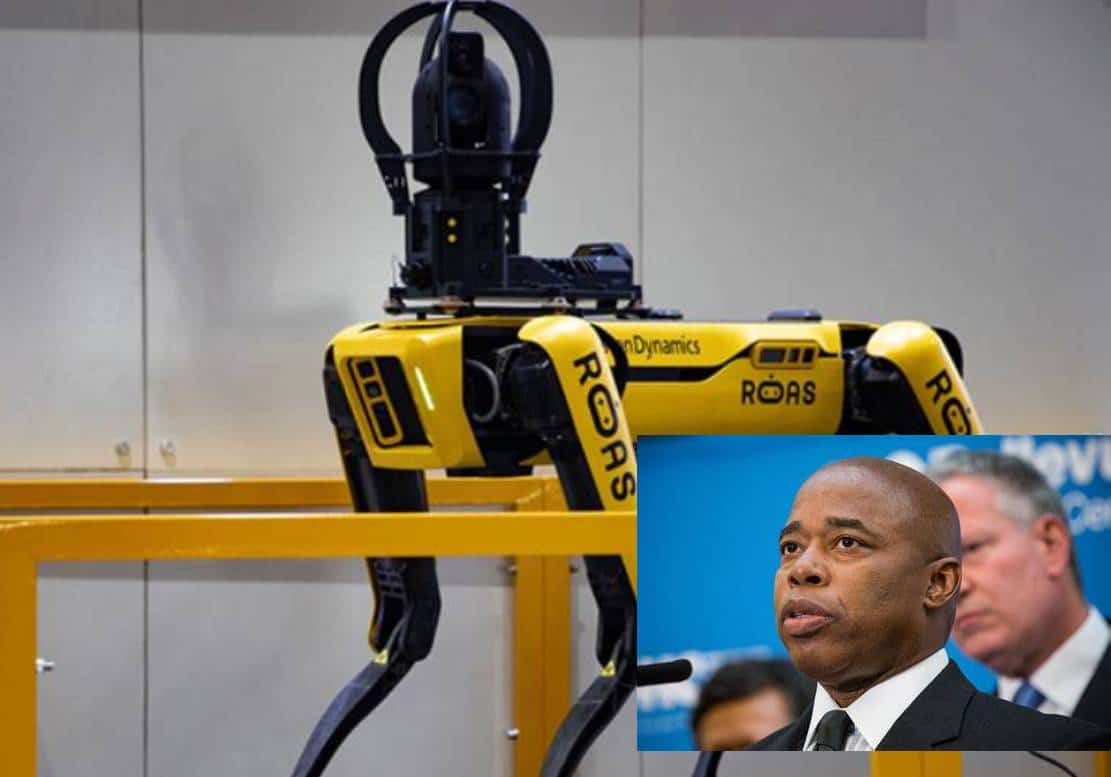 ‏ראש העיר אדמס ומשטרת ניו יורק חושפים כלב רובוט דיסטופי שיילחם בפשיעה‏