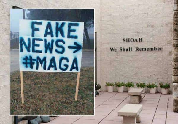 מקומם: שלט "פייק ניוז" נתלה מחוץ למוזיאון השואה בסן אנטוניו