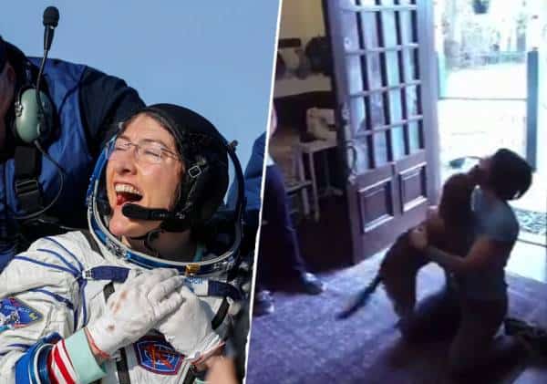 צפו: אסטרונאוטית שבה לכדור הארץ אחרי כשנה, כלב המשפחה השתולל מרוב אושר