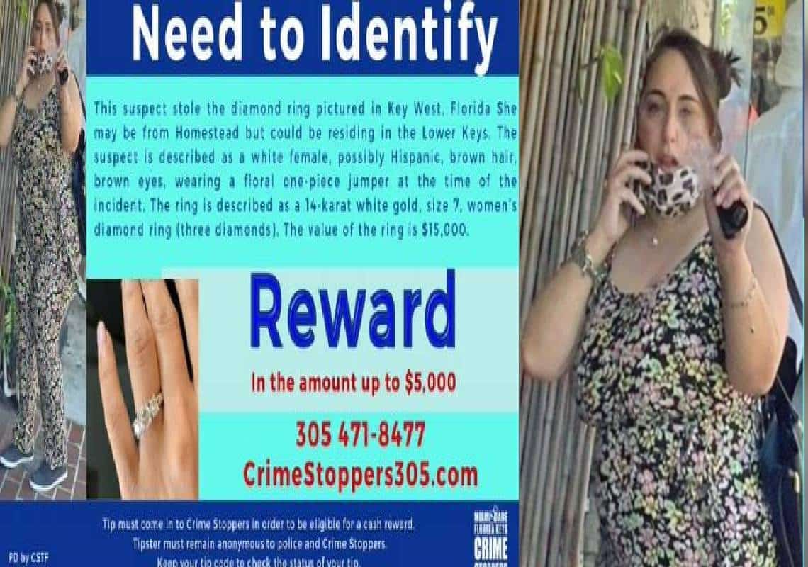 נכנסה להתלונן בחנות התכשיטים בקי-ווסט, אך כשהמוכרת הוסחה, החליפה טבעת מהבית ביהלום בשווי 15,000 דולר, מזהים?