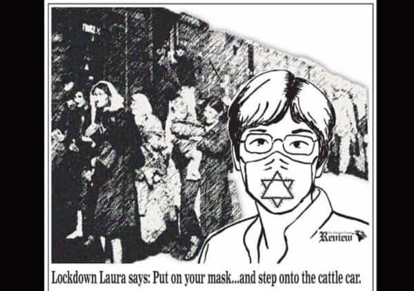 אובדן הבושה: קריקטורה ראשית בעיתון השוותה בין מושלת המדינה שנתנה הוראה לחבישת מסיכות ובין שואת יהודי אירופה