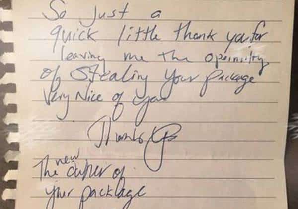 "תודה רבה לך": הפתק שהושאר ע"י גנב חבילות חצוף במיוחד