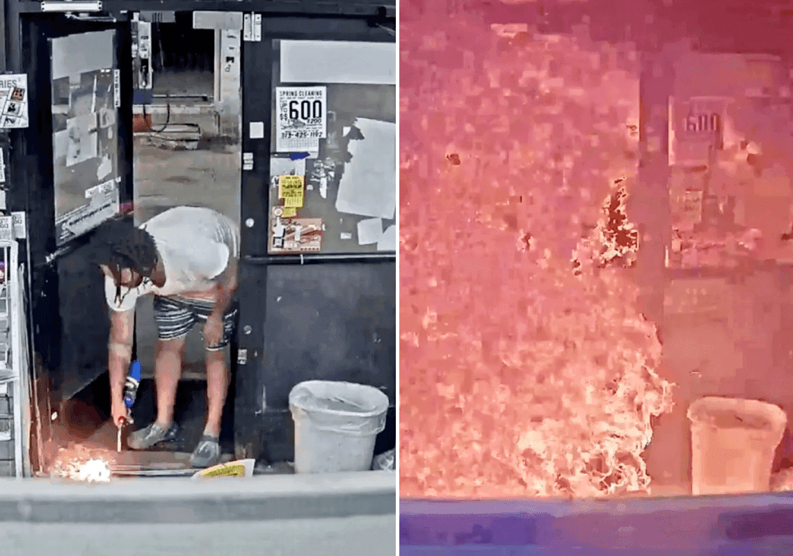 צפו ברגעי האימה: גבר אחוז טירוף עם מבער מצית חנות בתחנת דלק 